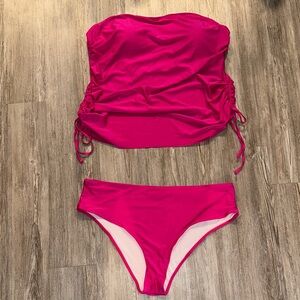 Strapless Ruched Tankini Set - Hot Pink